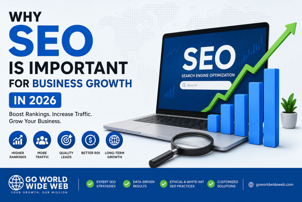 SEO business growth infographic banner alt text: Modern blue and white SEO marketing banner for Go World Wide Web featuring the headline “Why SEO is Important for Business Growth in 2026,” with a laptop displaying SEO analytics, rising growth chart, magnifying glass, business icons, and digital marketing elements representing higher rankings, more traffic, quality leads, better ROI, and long-term business growth.