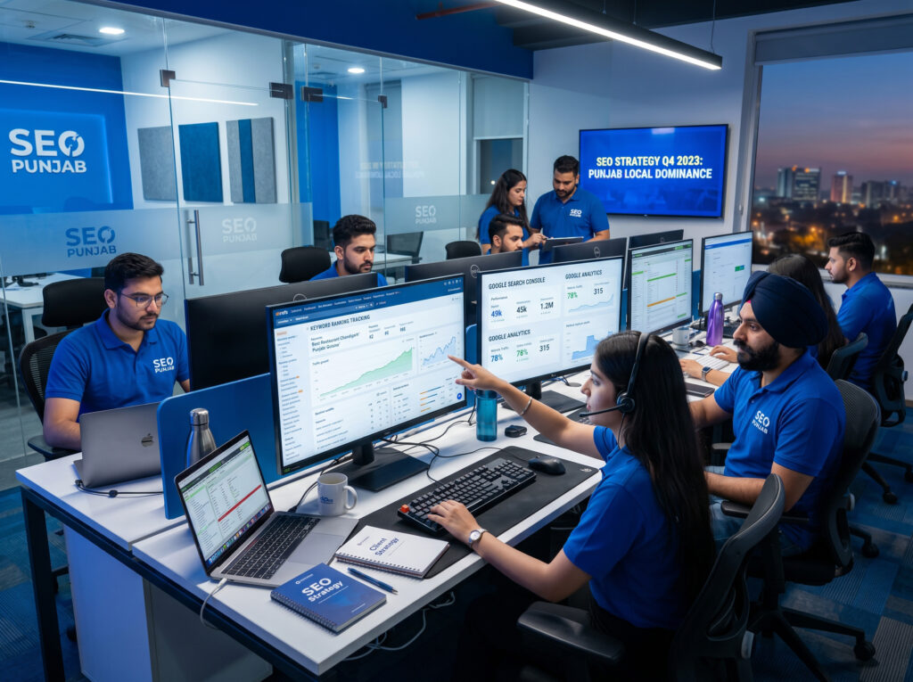 A modern blue SEO Punjab office team reviews keyword ranking, Google Analytics and Search Console dashboards during a focused strategy meeting.
