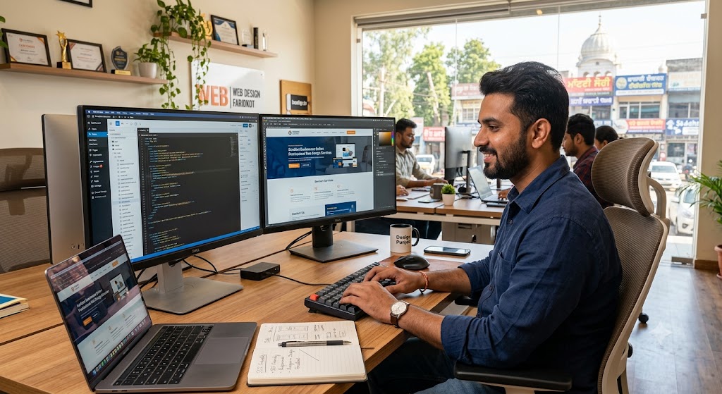 A web designer develops a website at dual monitors in a modern Faridkot office, with code and layouts visible on screen.